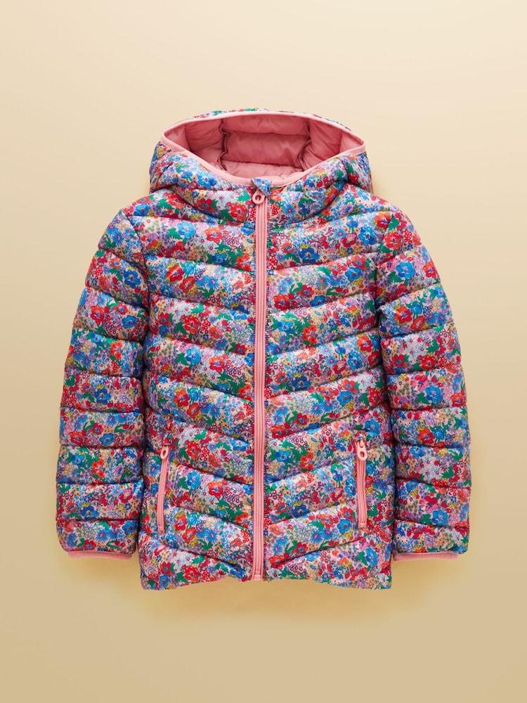 Joules Cairn Girls Pink Ditsy Showerproof Padded Coat