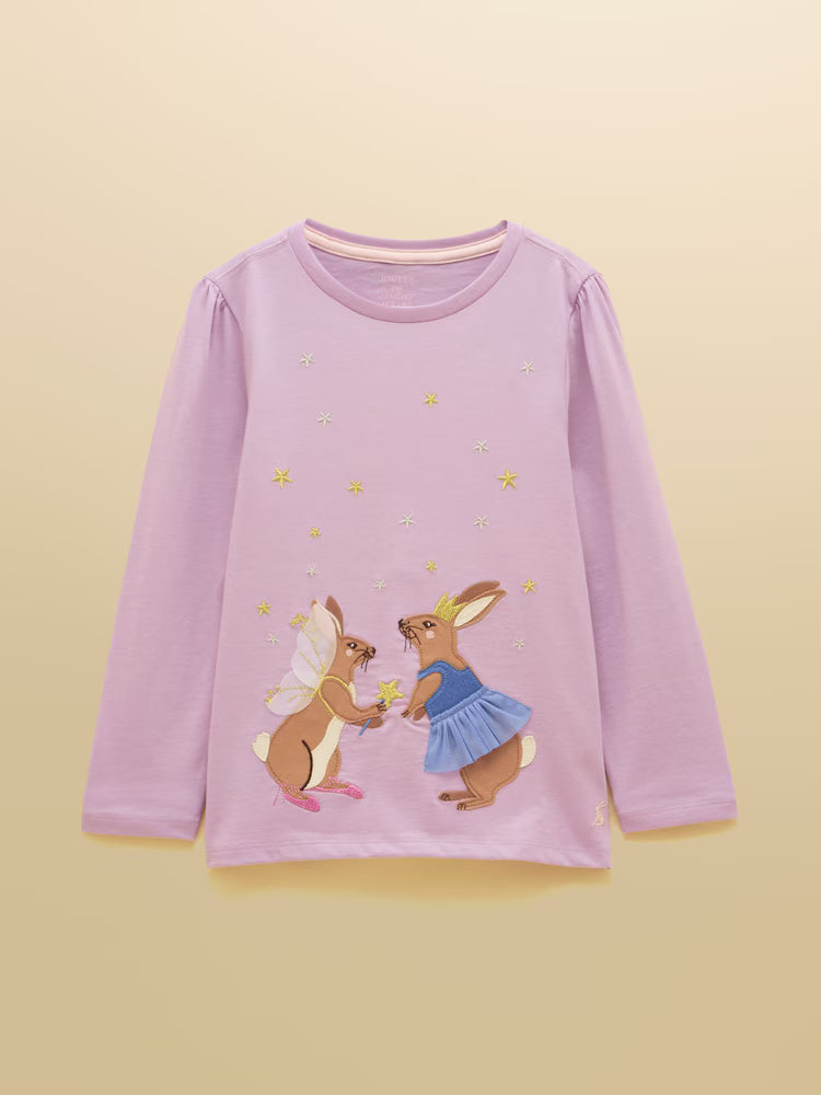 Joules Ava Girls Lilac Purple Applique Long Sleeve Tee