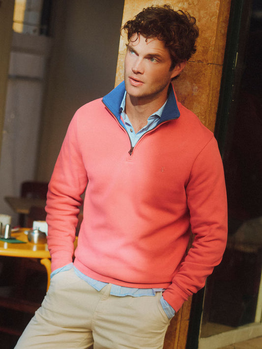 Joules Alistair Pink French Ribbed Knit Quarter Zip Sweatshirt