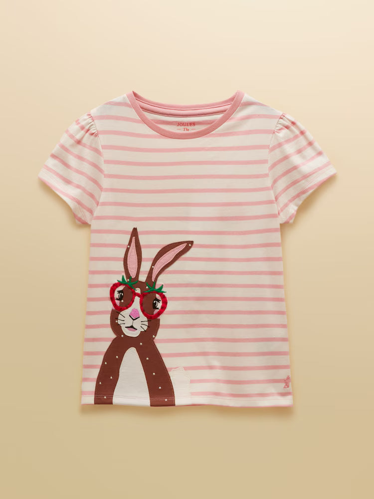 Joules Girls' Astra Pink Bunny Applique Cotton T-Shirt