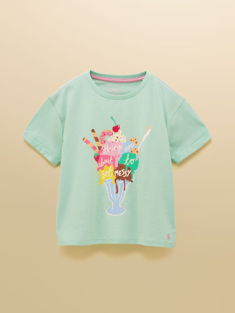 Joules Girls' Fundays Mint Green Graphic Short Sleeve T-Shirt