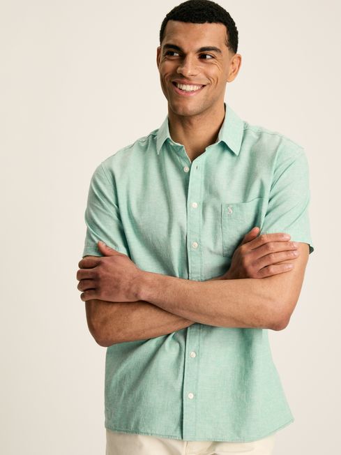 Joules Linen Blend Plain Short Sleeve Shirt in Green