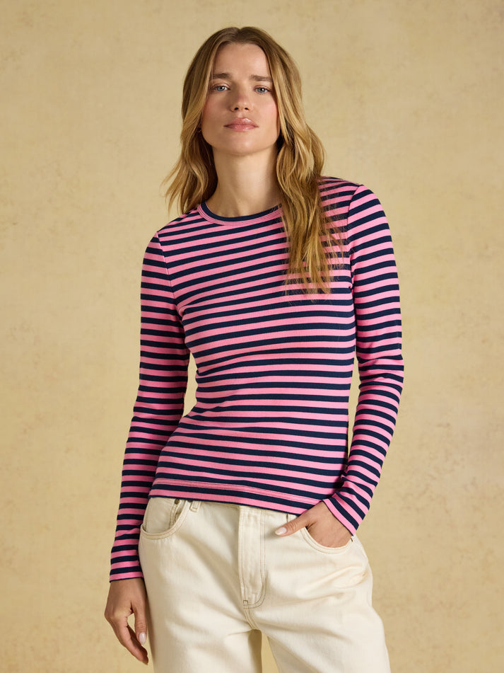 Joules Sophie Navy& Pink Striped Long Sleeve Ribbed Fitted T-Shirt