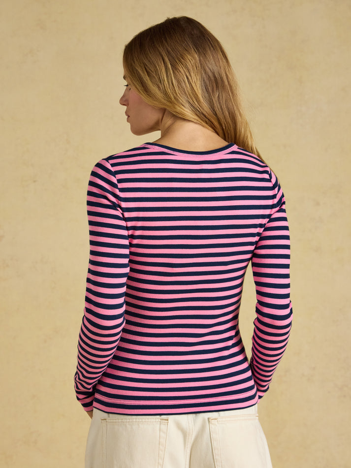Joules Sophie Navy& Pink Striped Long Sleeve Ribbed Fitted T-Shirt