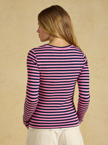 Joules Sophie Navy& Pink Striped Long Sleeve Ribbed Fitted T-Shirt
