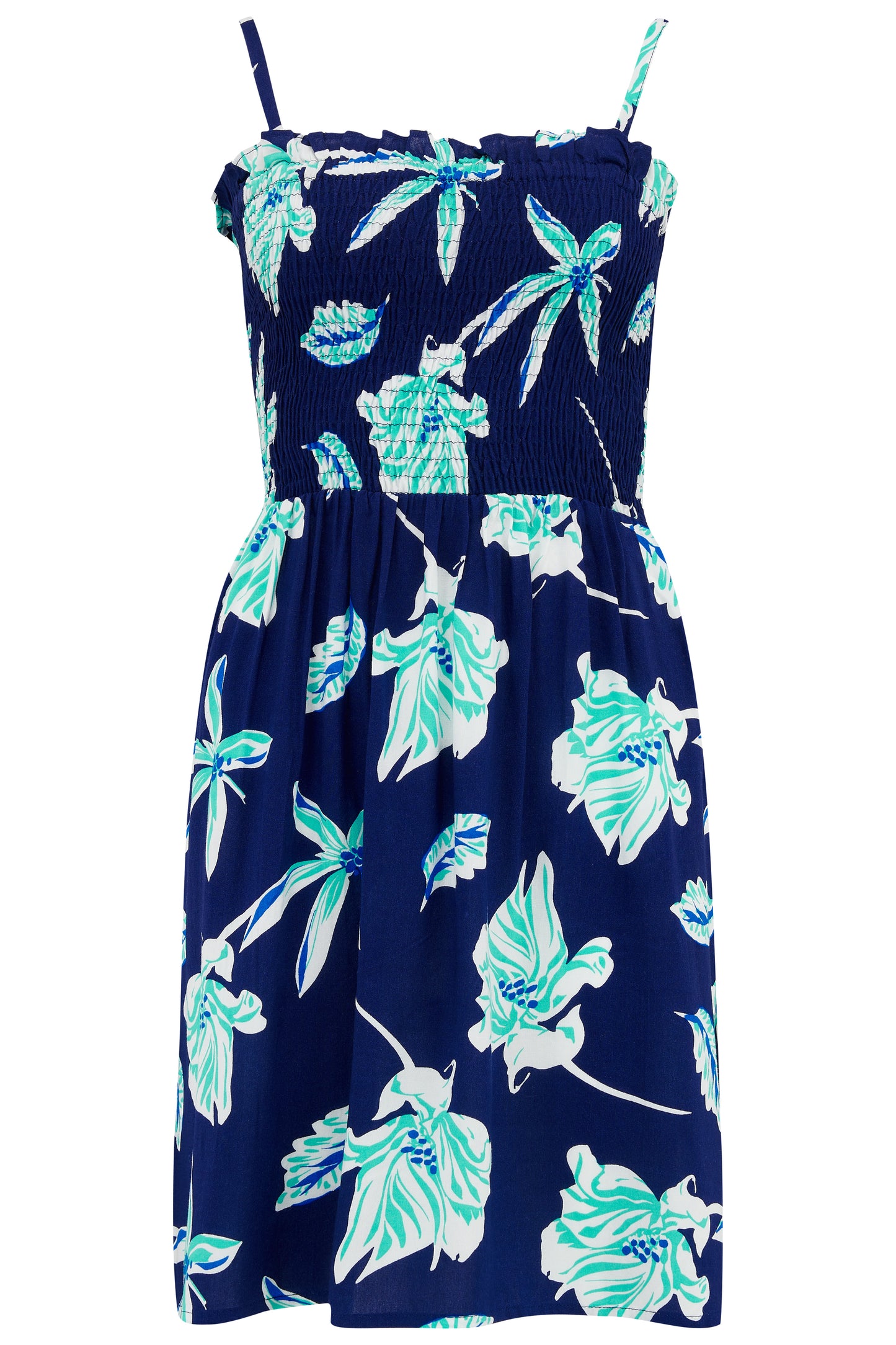 Pour Moi Removable Straps Shirred Bandeau Beach Dress in Navy Tropical