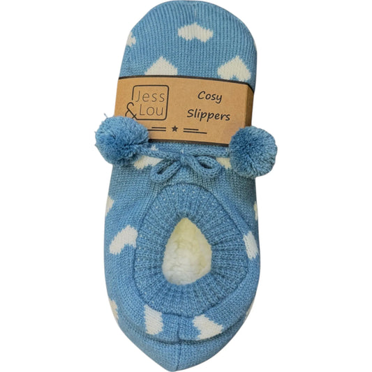 Jess and Lou Cornflower and White Heart Cosy Slippers
