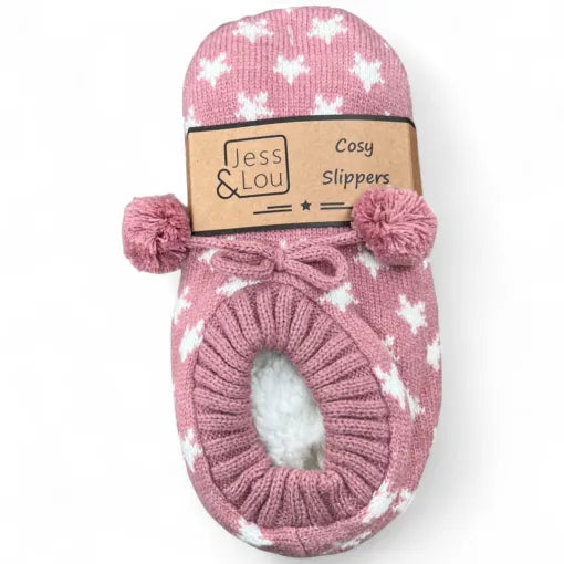 Jess and Lou Pink and White Star Cosy Slippers