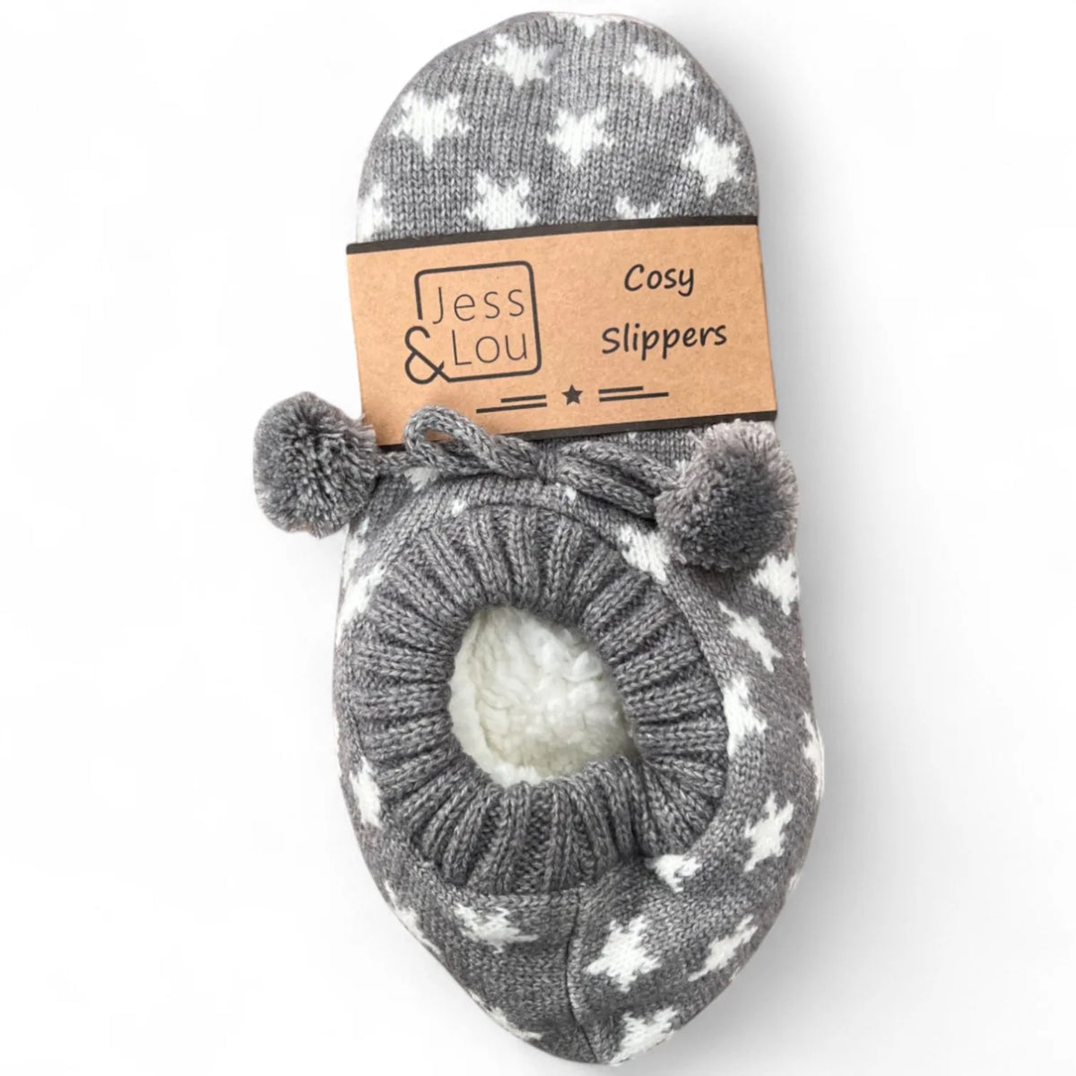 Jess and Lou Grey and White  Star Cosy Slippers