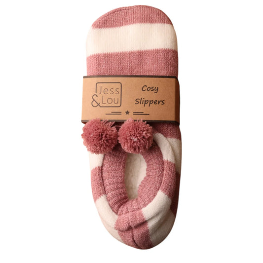 Jess and Lou Pink and White Cosy Slippers