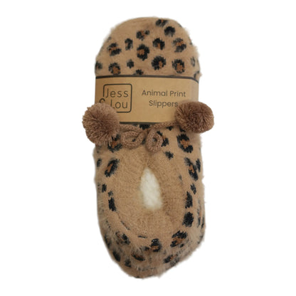 Jess and Lou Fluffy Tan Leopard Cosy Slippers