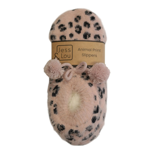Jess and Lou Fluffy Pink Leopard Cosy Slippers