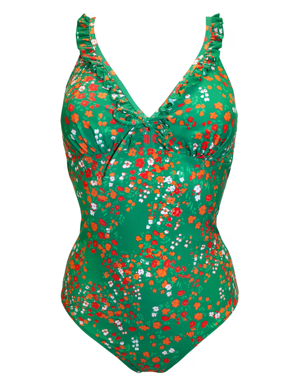 Pour Moi Sicily Frill Tummy Control Swimsuit in Green Ditsy