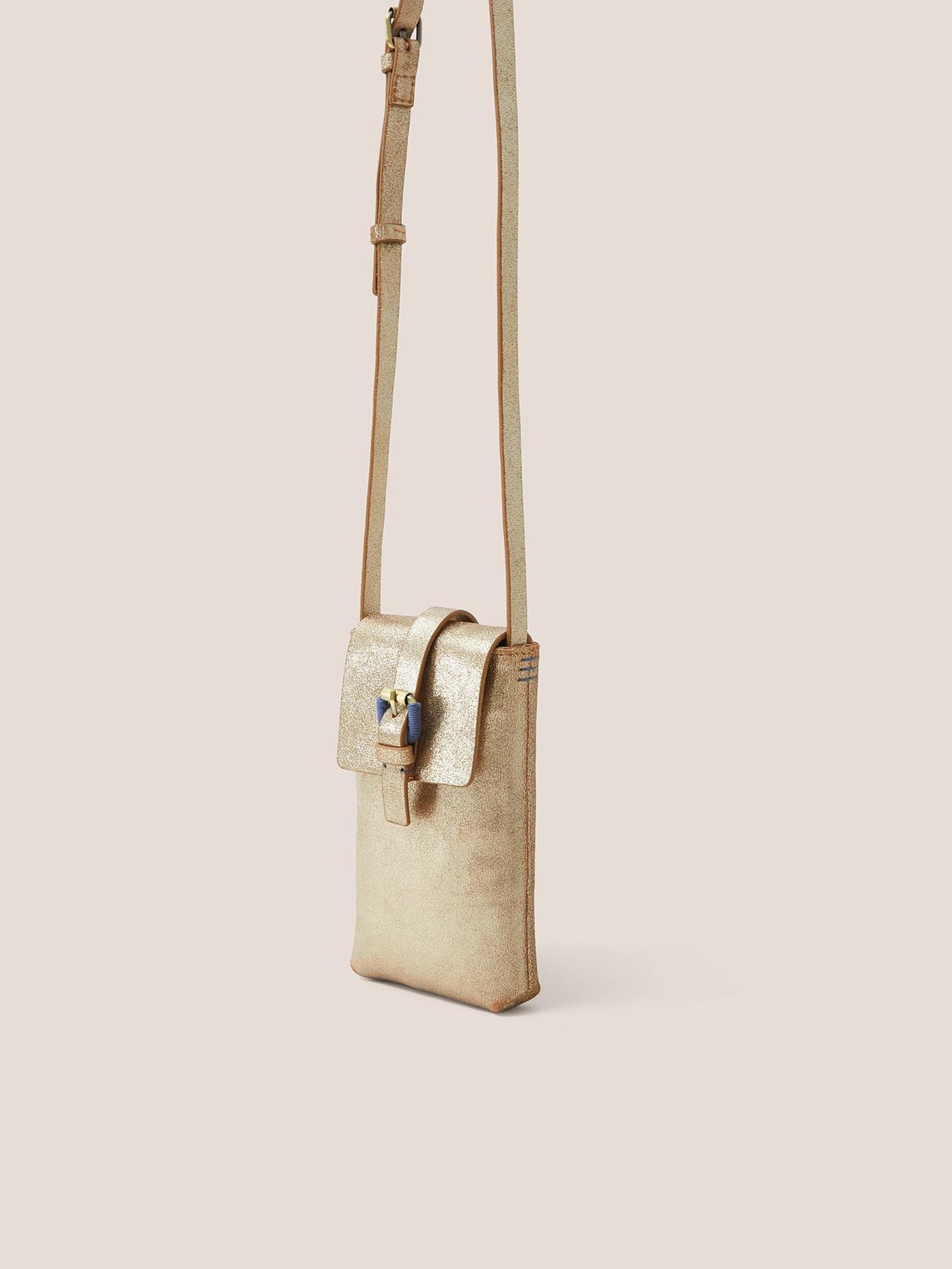 White Stuff Clara Buckle Leather Phone Bag in Gold Metallic