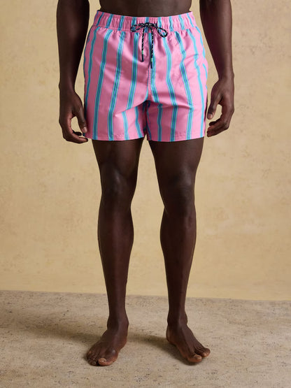 Joules Overton Multi Rugby Style Swim Shorts in Pink Stripe