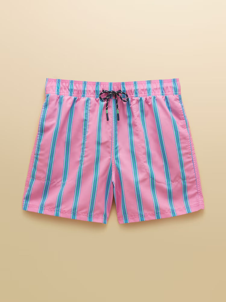 Joules Overton Multi Rugby Style Swim Shorts in Pink Stripe