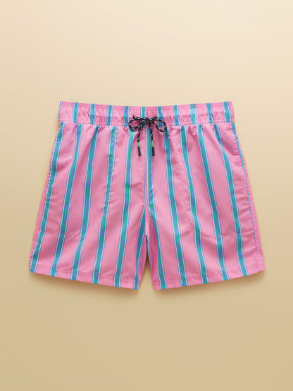 Joules Overton Multi Rugby Style Swim Shorts in Pink Stripe