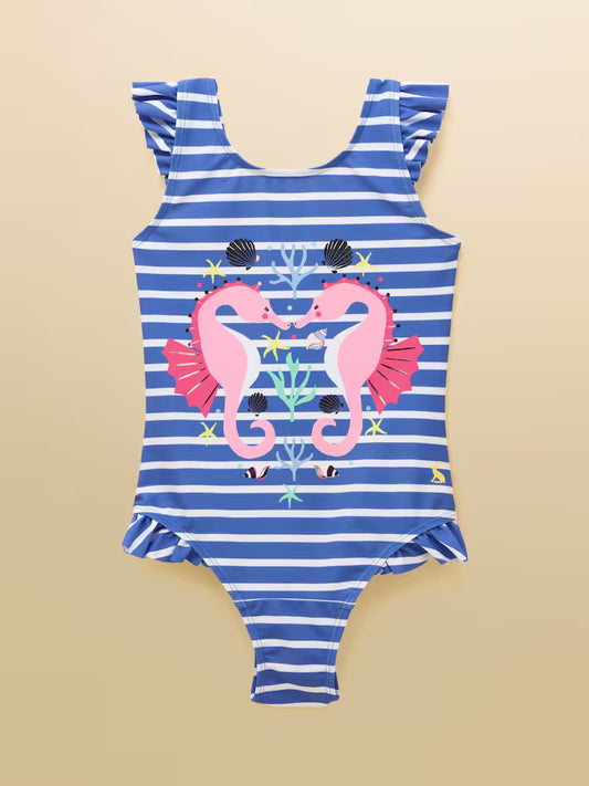 Joules Girls' Splash Blue Seahorse Swimming Costume