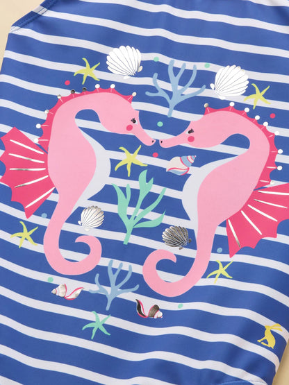 Joules Girls' Splash Blue Seahorse Swimming Costume