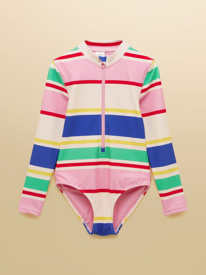 Joules Multi Strip Long Sleeve Girls Swimsuit in Multi Stripe