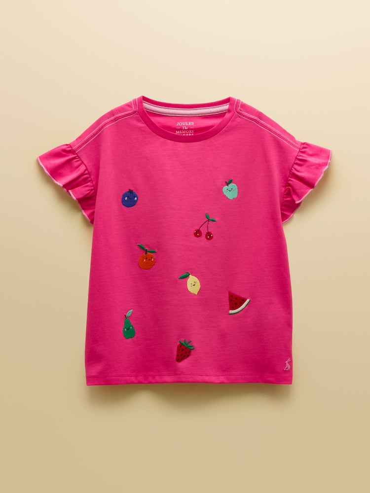 Joules Waverley Girls Pink Embroidered Fruit Frill Sleeve T-Shirt