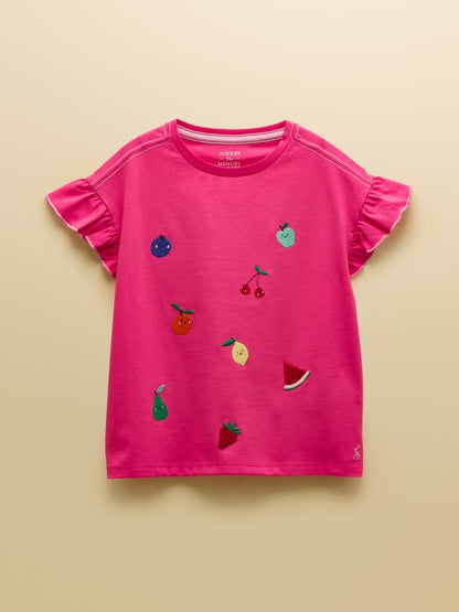 Joules Waverley Girls Pink Embroidered Fruit Frill Sleeve T-Shirt