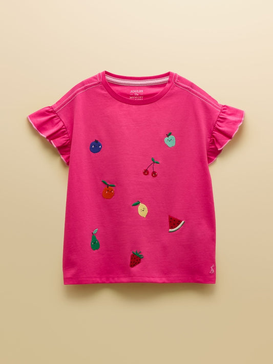 Joules Waverley Girls Pink Embroidered Fruit Frill Sleeve T-Shirt