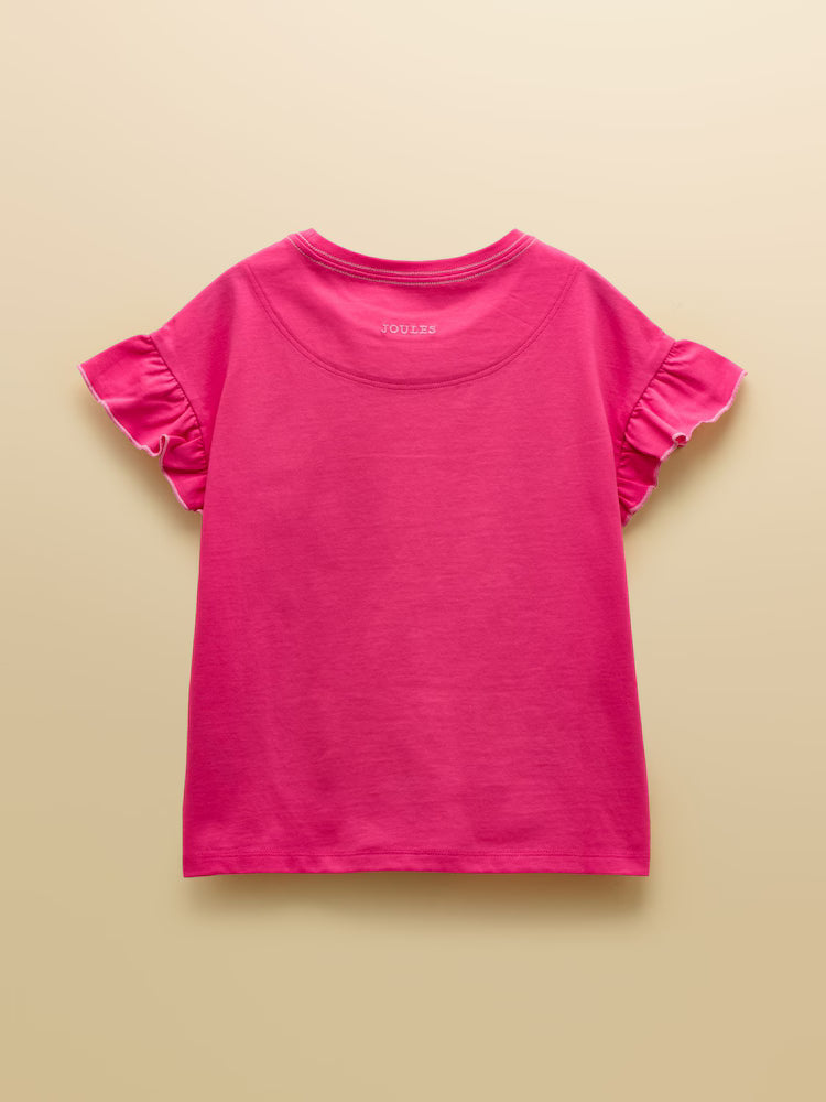 Joules Waverley Girls Pink Embroidered Fruit Frill Sleeve T-Shirt