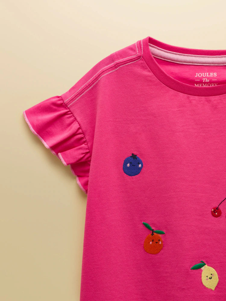 Joules Waverley Girls Pink Embroidered Fruit Frill Sleeve T-Shirt