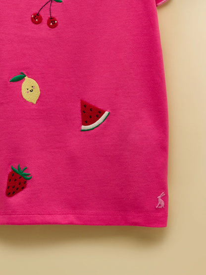 Joules Waverley Girls Pink Embroidered Fruit Frill Sleeve T-Shirt