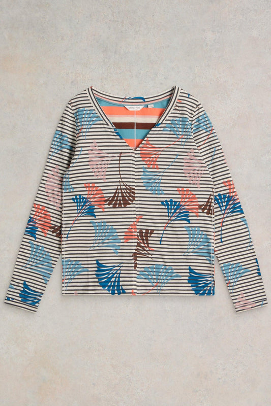 White Stuff Nelly Notch long Sleeve T-Shirt in Coral Multi