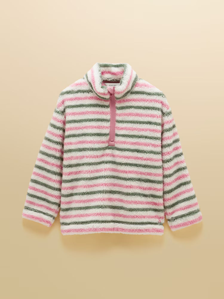 Joules Woozle Girls Pink and Khaki Stripe Quarter Zip Fleece