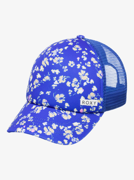 Roxy Junior Honey Coconut Trucker Cap in dazzling blue coastline ditsy