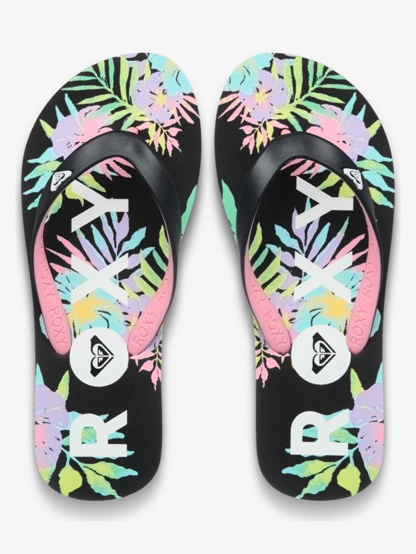 Roxy Tahiti Girls Flip Flops in Black Multi