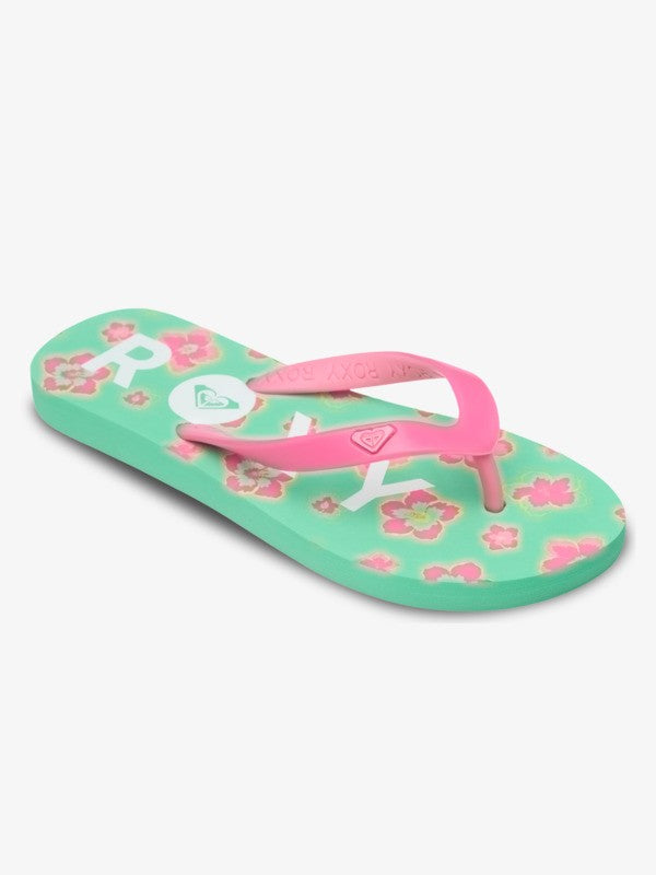 Roxy Tahiti Girls Flip Flops in Light Green Magenta