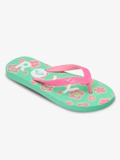 Roxy Tahiti Girls Flip Flops in Light Green Magenta