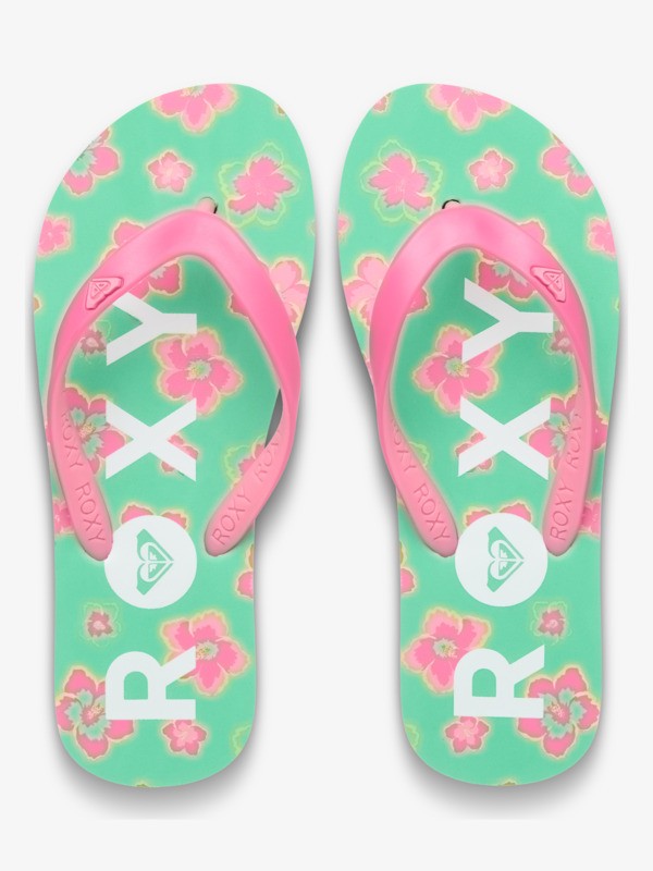 Roxy Tahiti Girls Flip Flops in Light Green Magenta