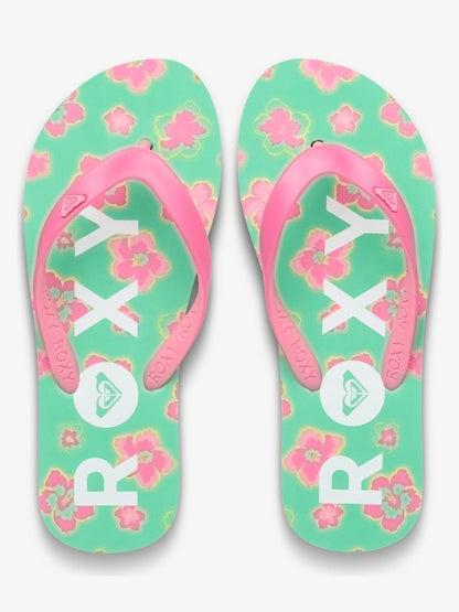 Roxy Tahiti Girls Flip Flops in Light Green Magenta