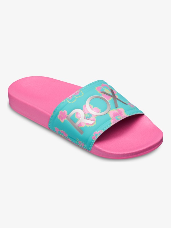 Roxy Slippy Girls Sliders in Light Green/Magenta