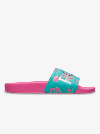 Roxy Slippy Girls Sliders in Light Green/Magenta