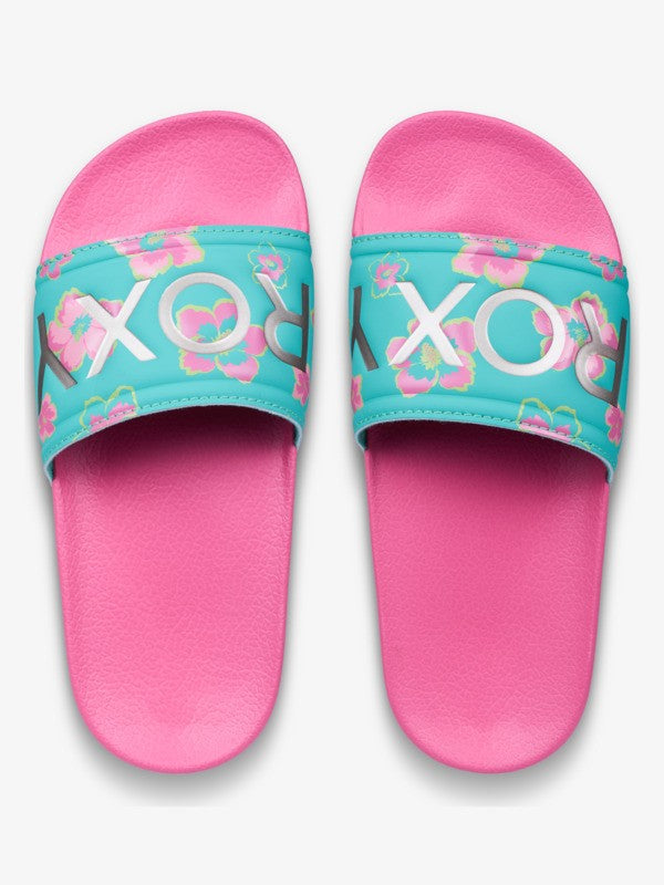 Roxy Slippy Girls Sliders in Light Green/Magenta
