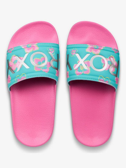Roxy Slippy Girls Sliders in Light Green/Magenta
