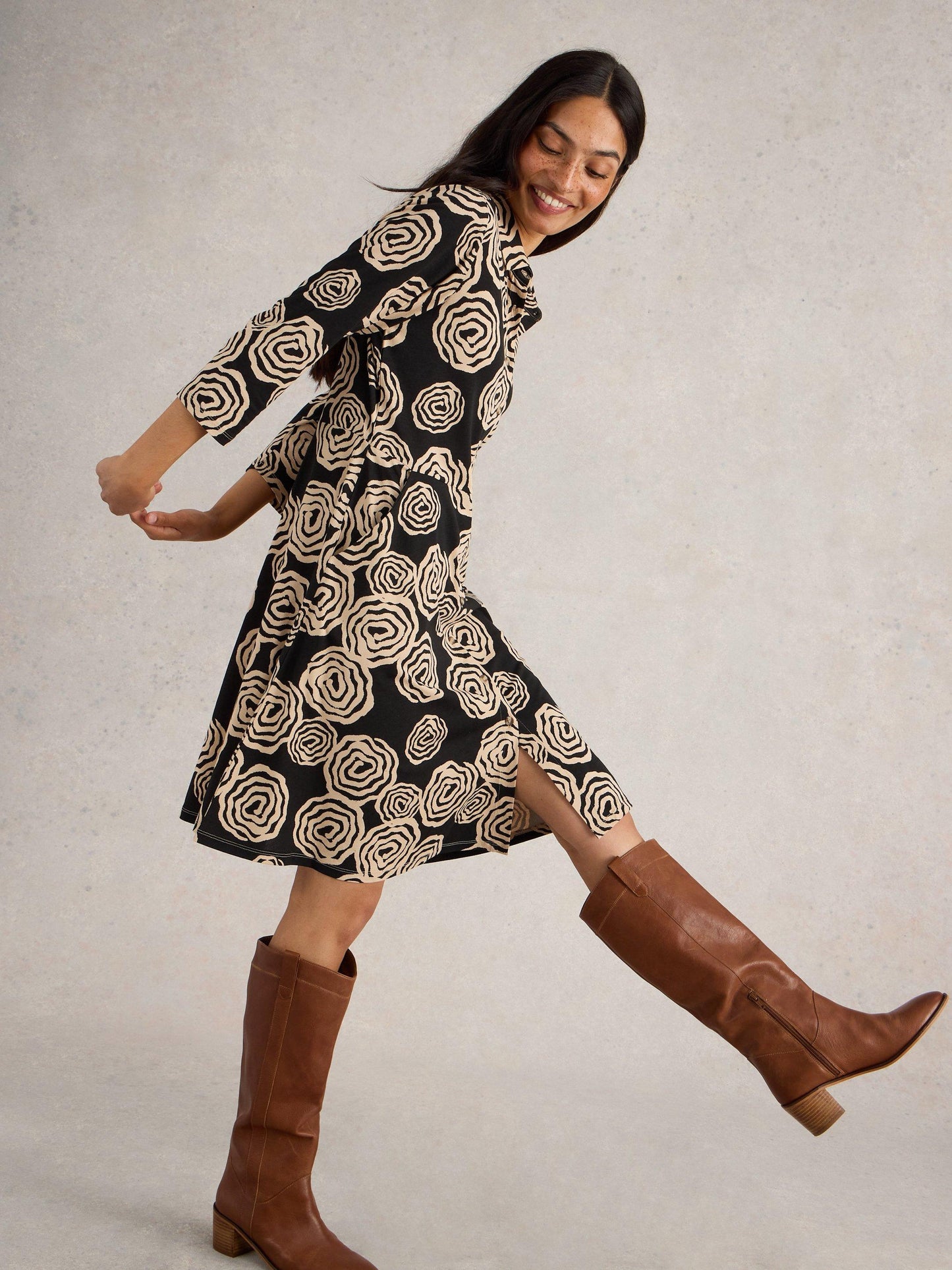 White Stuff Rua Jersey Shirt Dress in Black Print