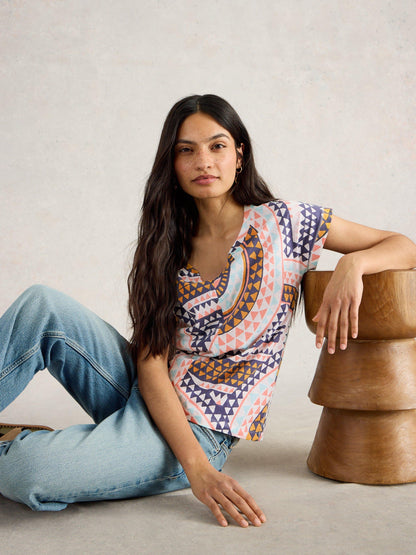 White Stuff Nelly Notch Tee in Natural Print