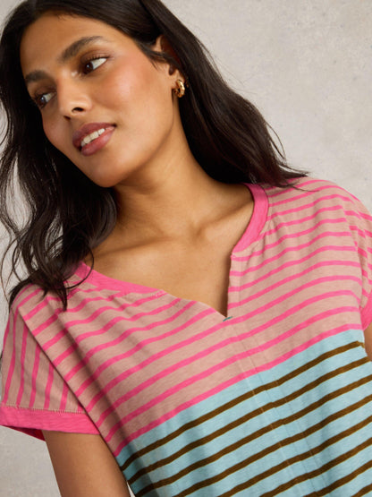 White Stuff Nelly Notch T-Shirt in Pink Multi
