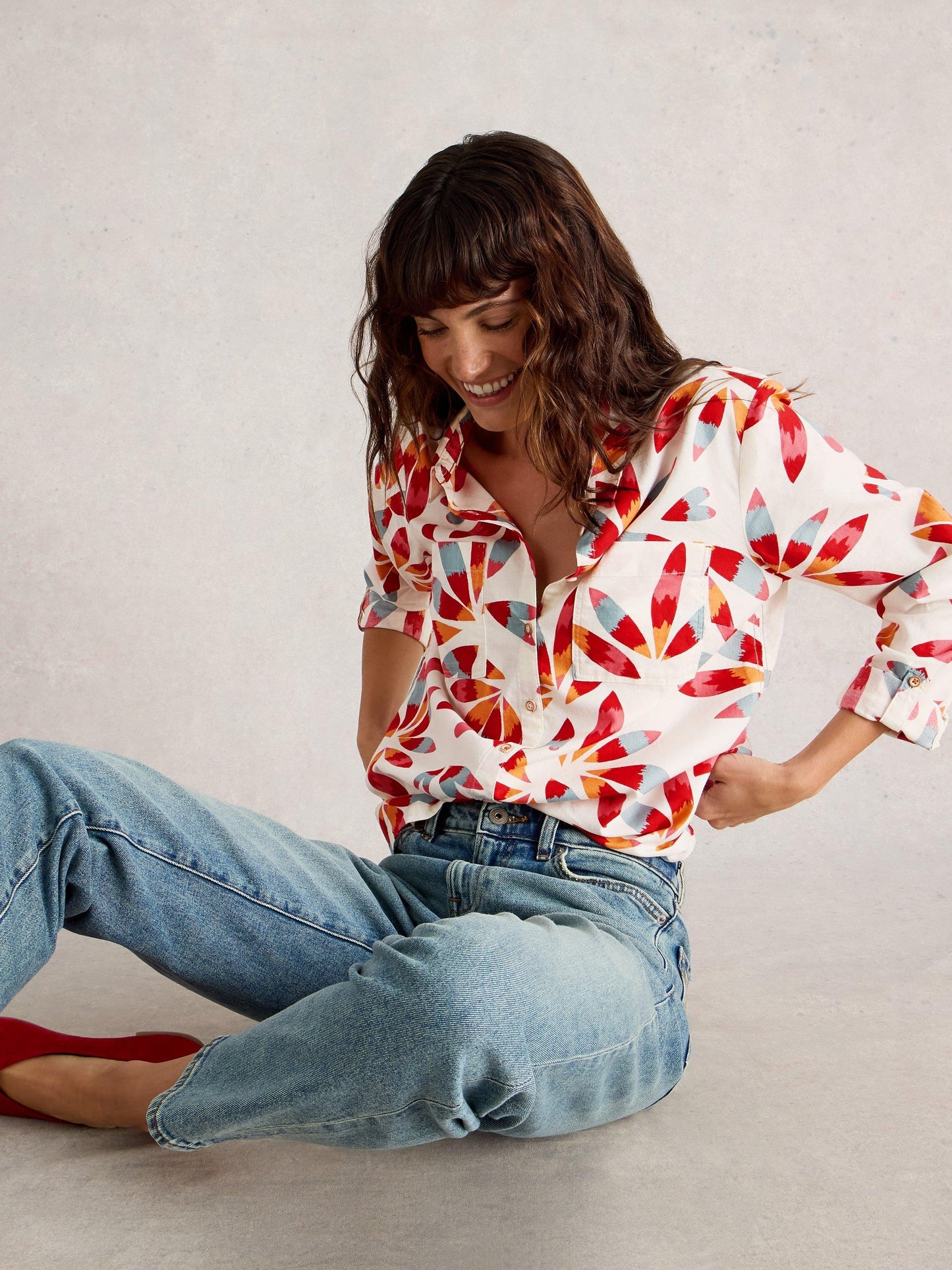 White Stuff Sophie Cotton Shirt in Ivory Print