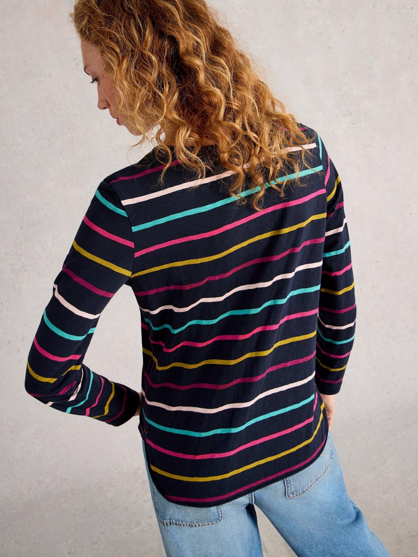 White Stuff Clara Long Sleeved Striped Top in Navy Multi