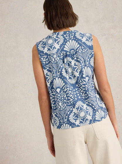 White Stuff Tulip Sleeveless Shirt in Blue Print