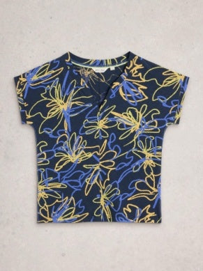 White Stuff Nelly Notch Neck T-Shirt in Navy Print