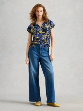 White Stuff Nelly Notch Neck T-Shirt in Navy Print